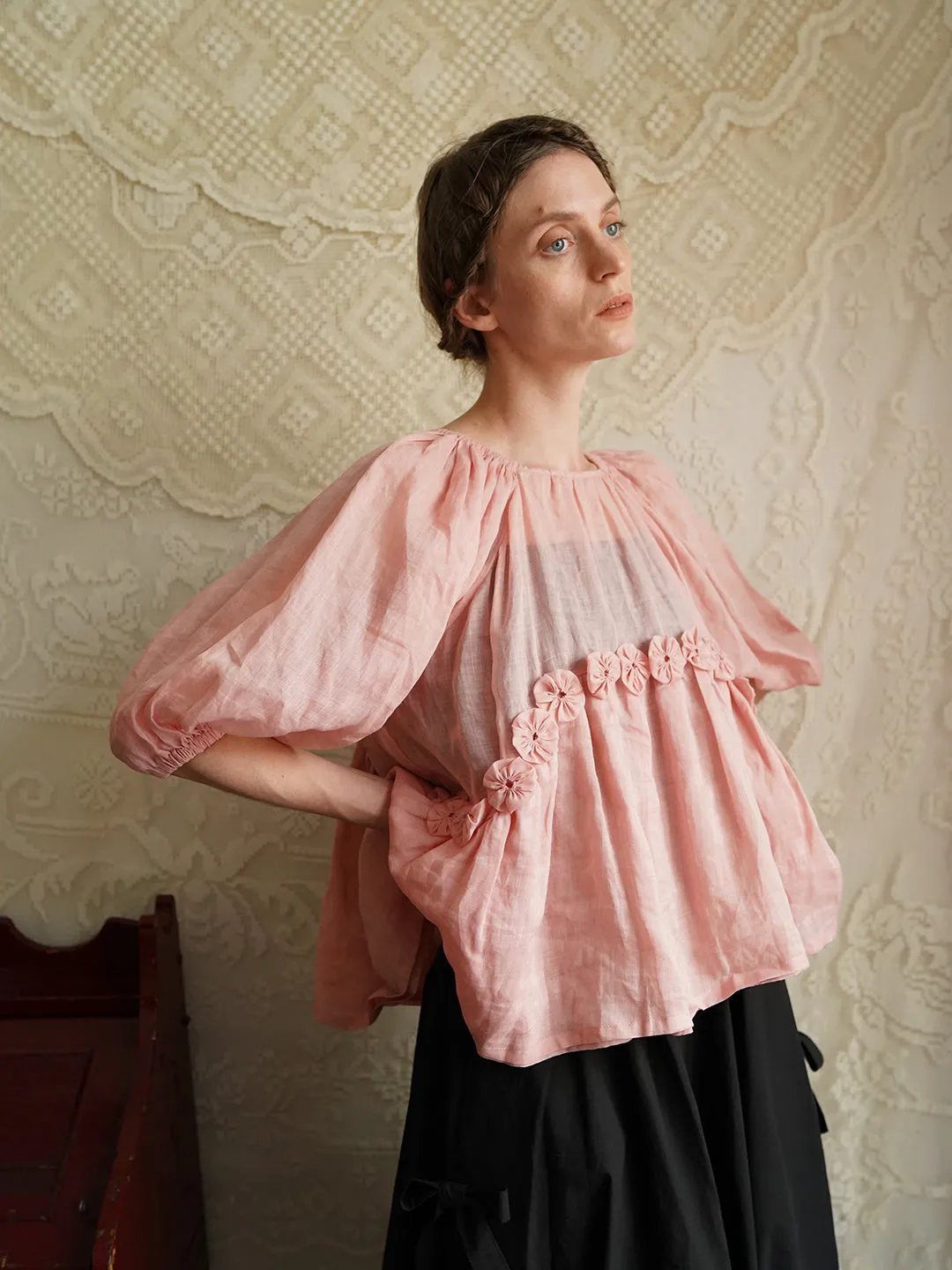 Unlogical Poem Victorian Style Handmade Yoyo Flower Pink Ramie Top