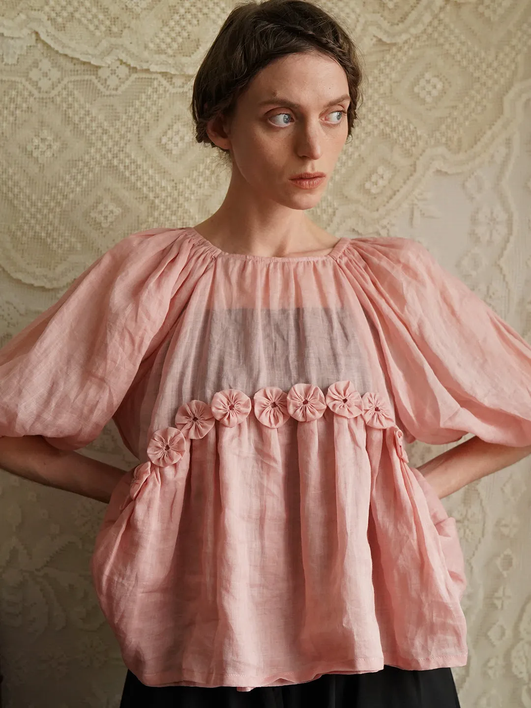 Unlogical Poem Victorian Style Handmade Yoyo Flower Pink Ramie Top