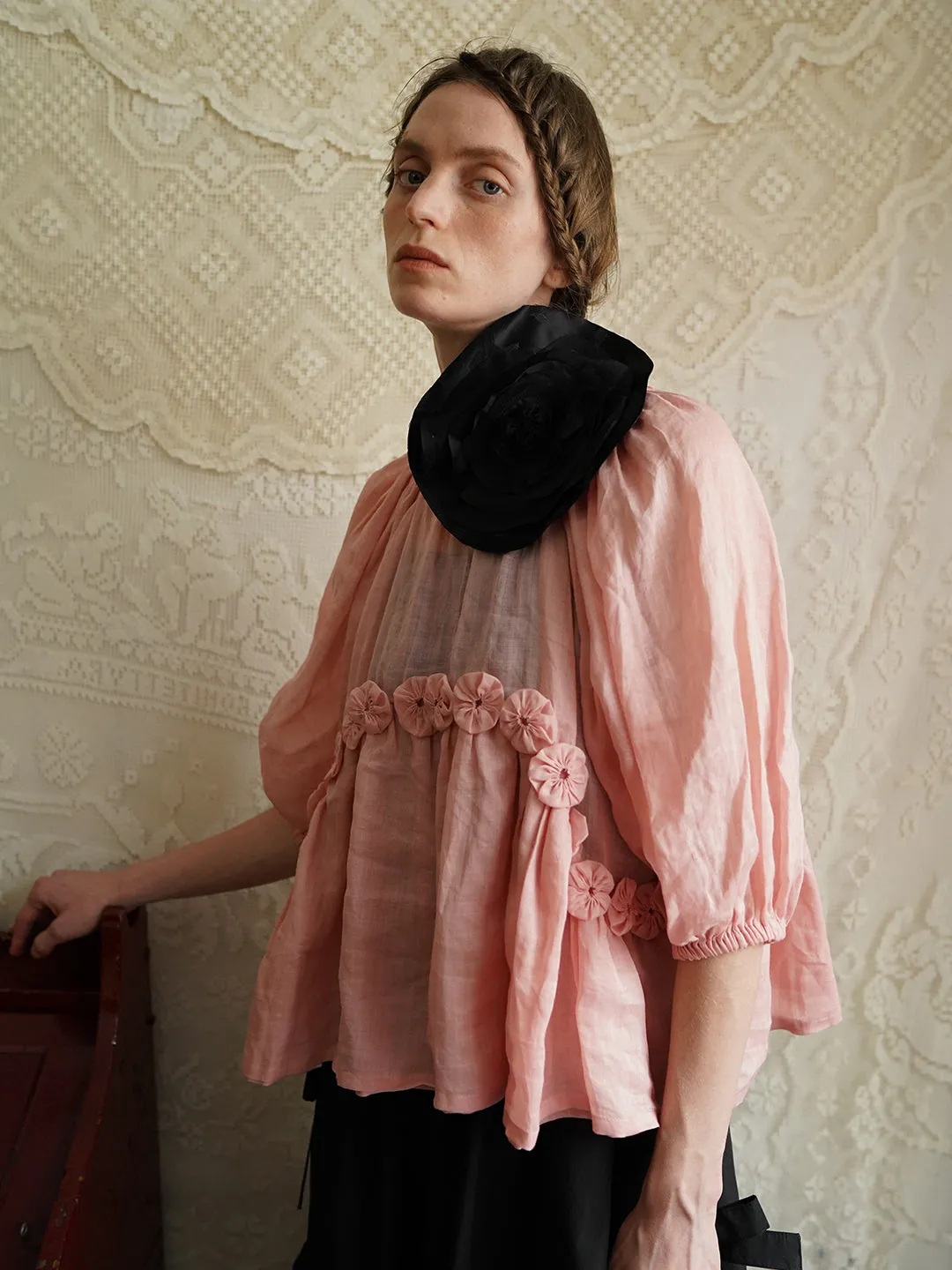 Unlogical Poem Victorian Style Handmade Yoyo Flower Pink Ramie Top