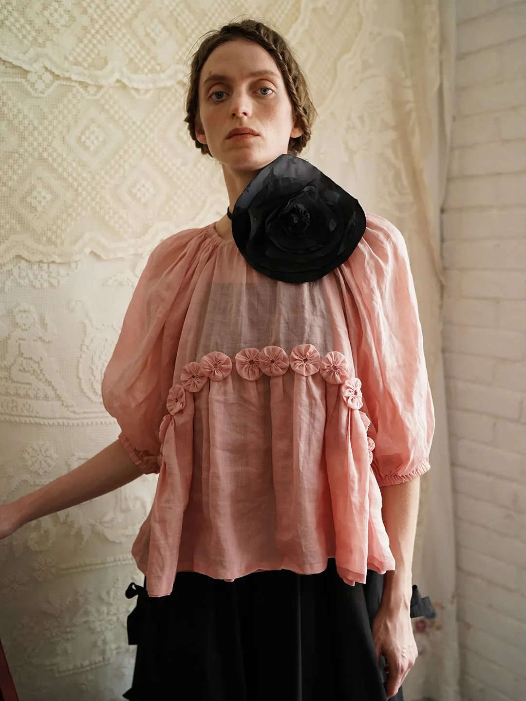 Unlogical Poem Victorian Style Handmade Yoyo Flower Pink Ramie Top