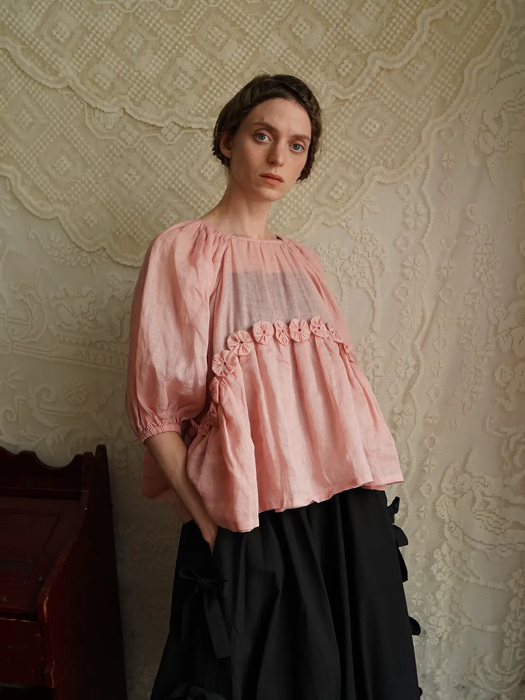 Unlogical Poem Victorian Style Handmade Yoyo Flower Pink Ramie Top