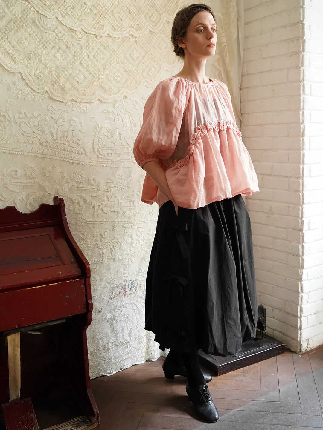 Unlogical Poem Victorian Style Handmade Yoyo Flower Pink Ramie Top