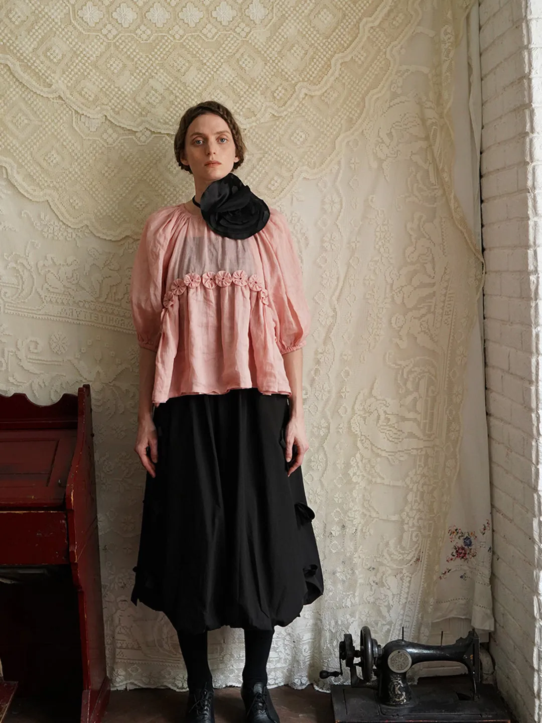 Unlogical Poem Victorian Style Handmade Yoyo Flower Pink Ramie Top