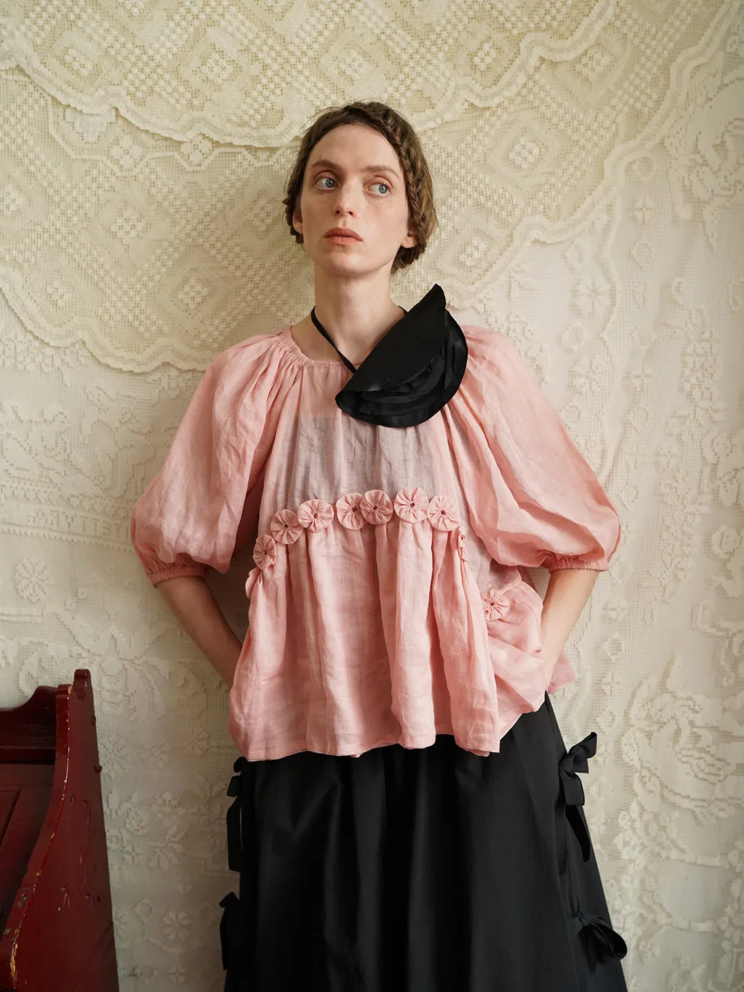 Unlogical Poem Victorian Style Handmade Yoyo Flower Pink Ramie Top