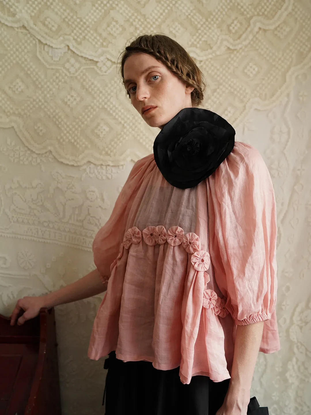 Unlogical Poem Victorian Style Handmade Yoyo Flower Pink Ramie Top