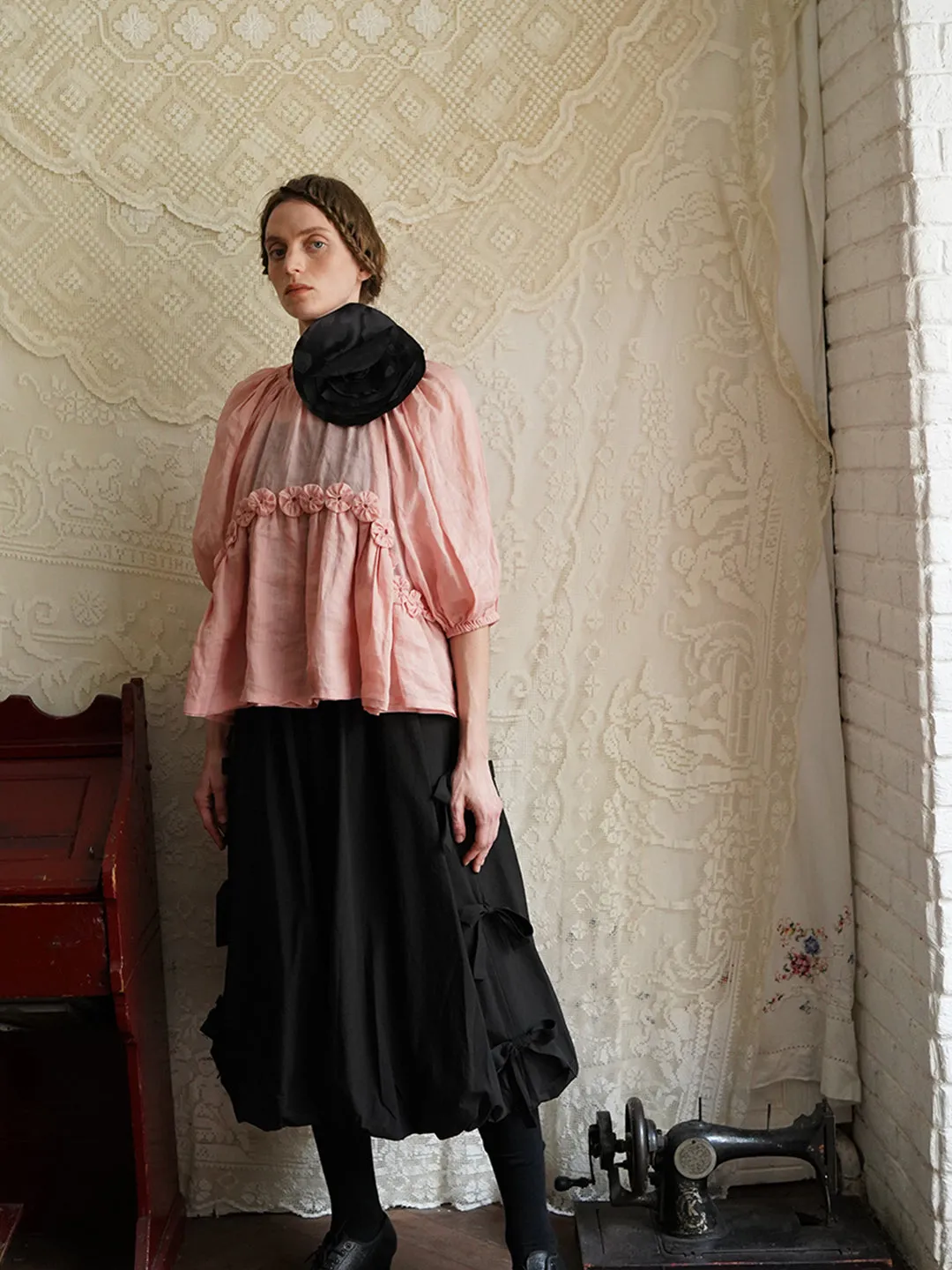 Unlogical Poem Victorian Style Handmade Yoyo Flower Pink Ramie Top