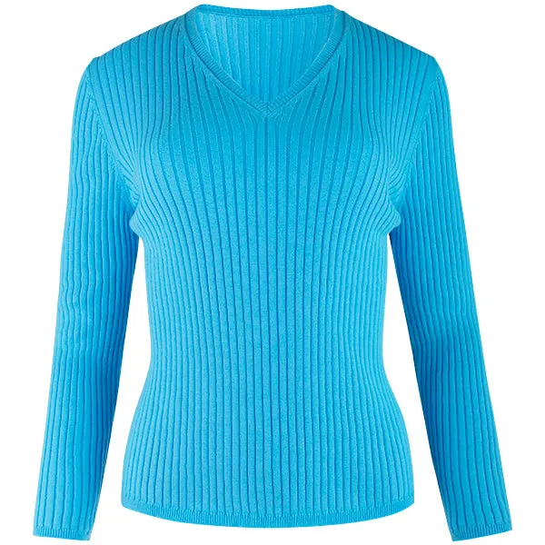 V-Neck Rib Pullover in Aquamarina