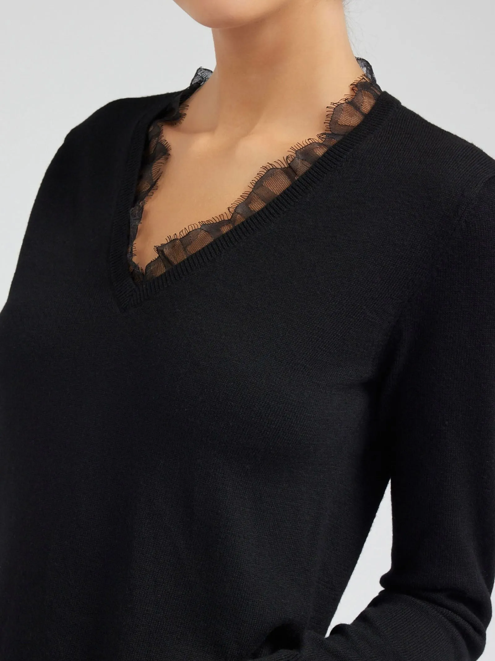 V-neck Sweater with Lace - Black