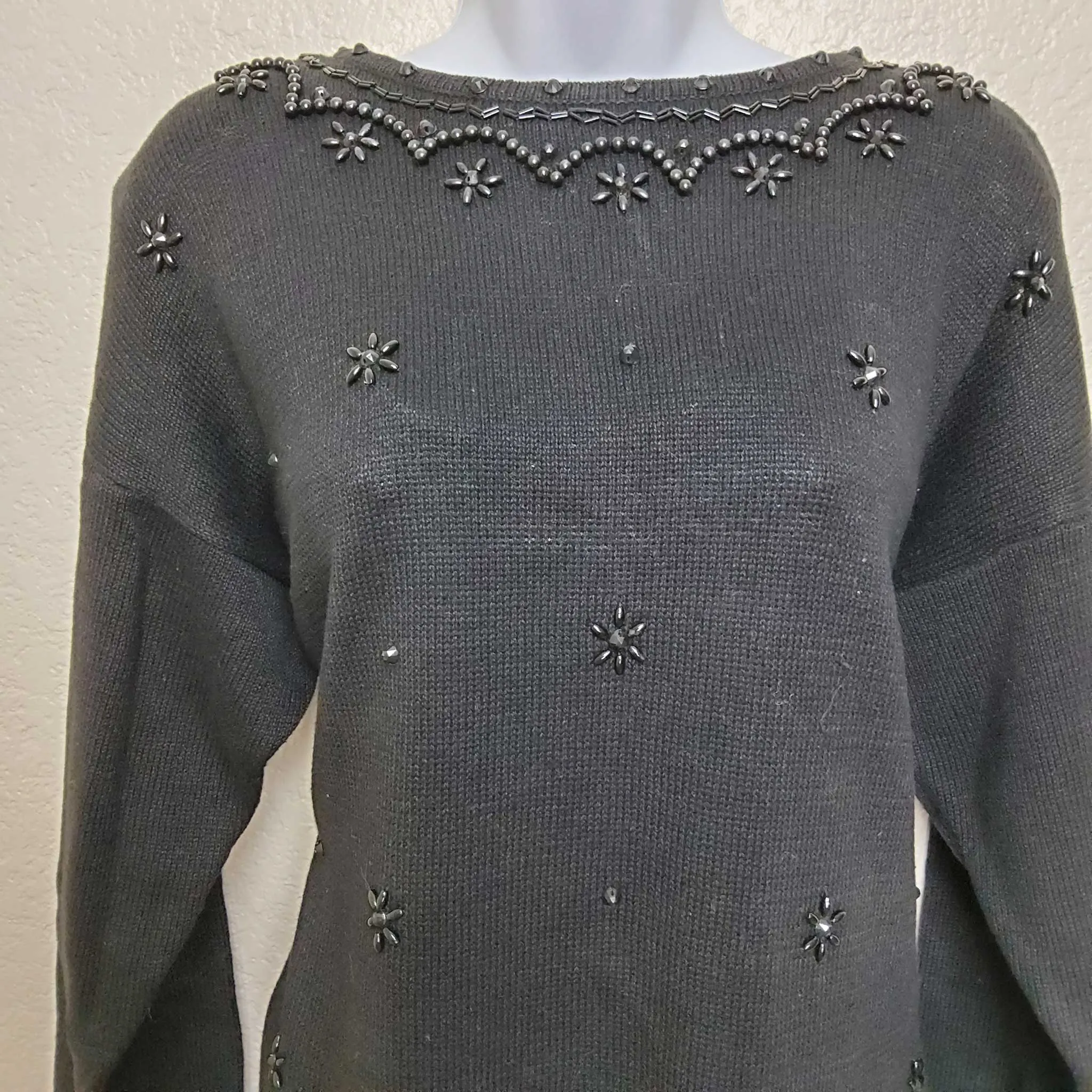 Victoria Jones Black Beaded Pullover Sweater, Women's Medium