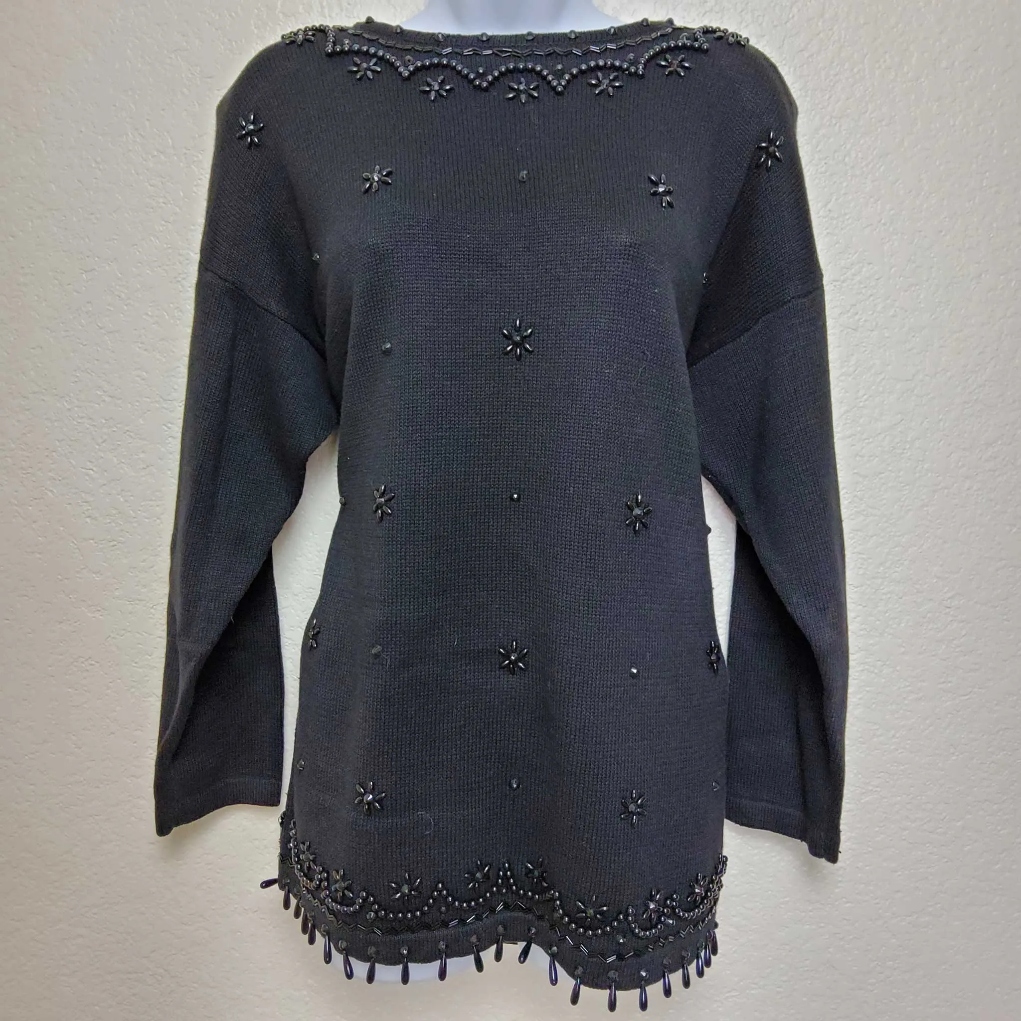 Victoria Jones Black Beaded Pullover Sweater, Women's Medium