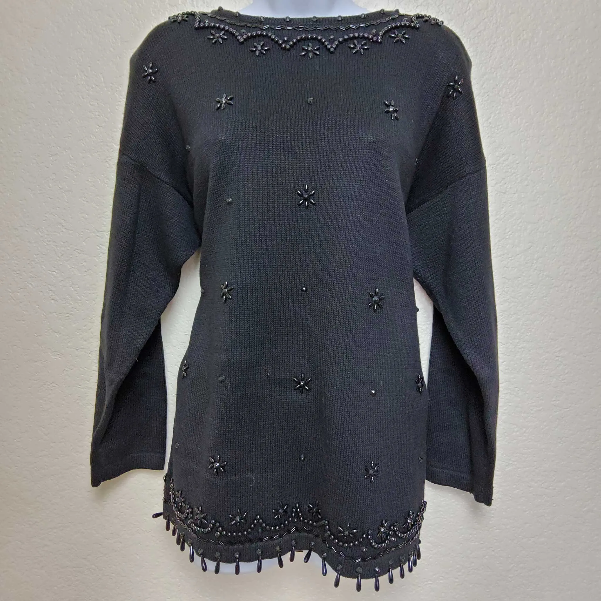 Victoria Jones Black Beaded Pullover Sweater, Women's Medium