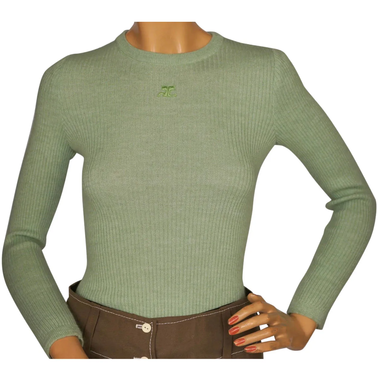 Vintage 1970s Courreges Paris Sweater Top Green Ribbed Knit with Logo Size S