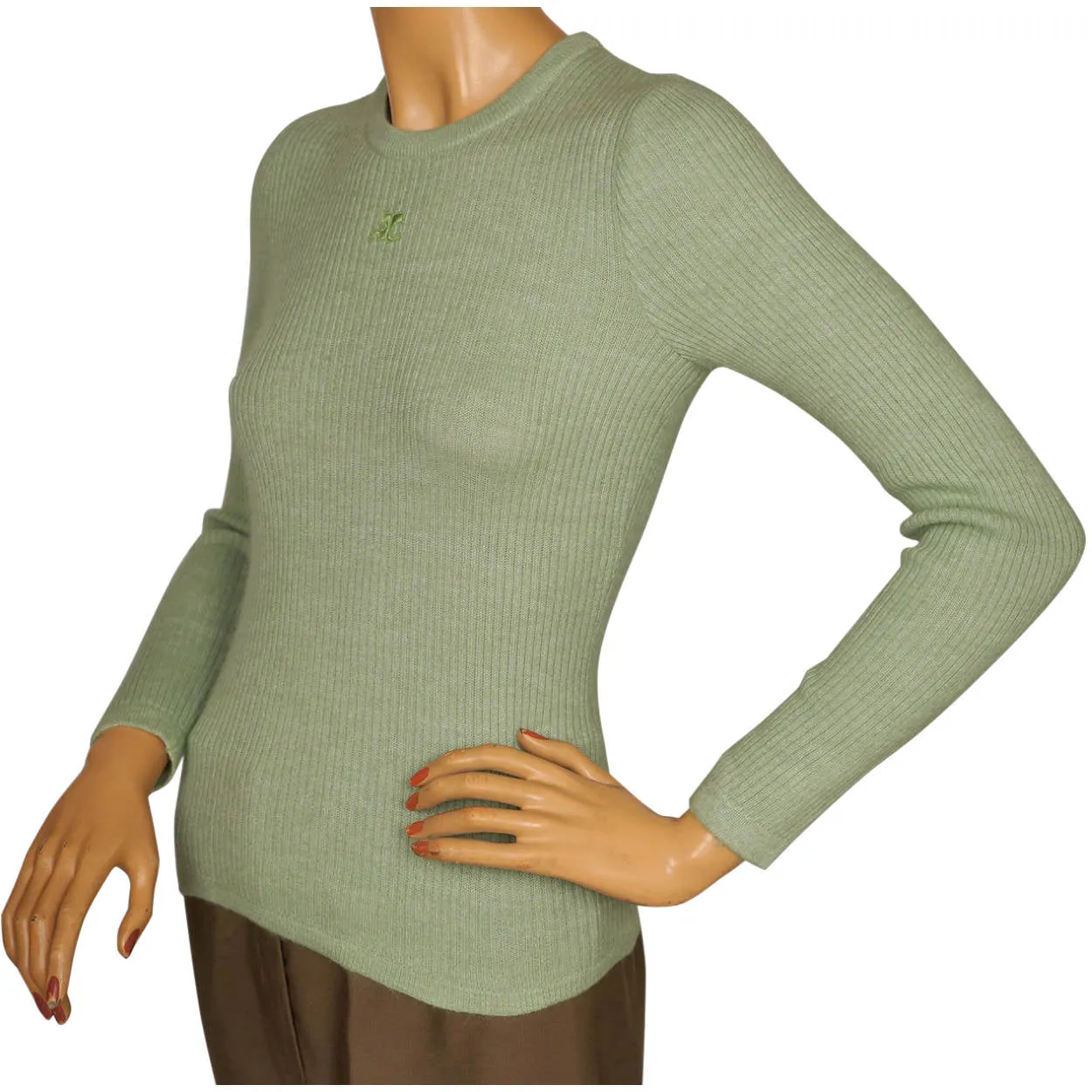 Vintage 1970s Courreges Paris Sweater Top Green Ribbed Knit with Logo Size S