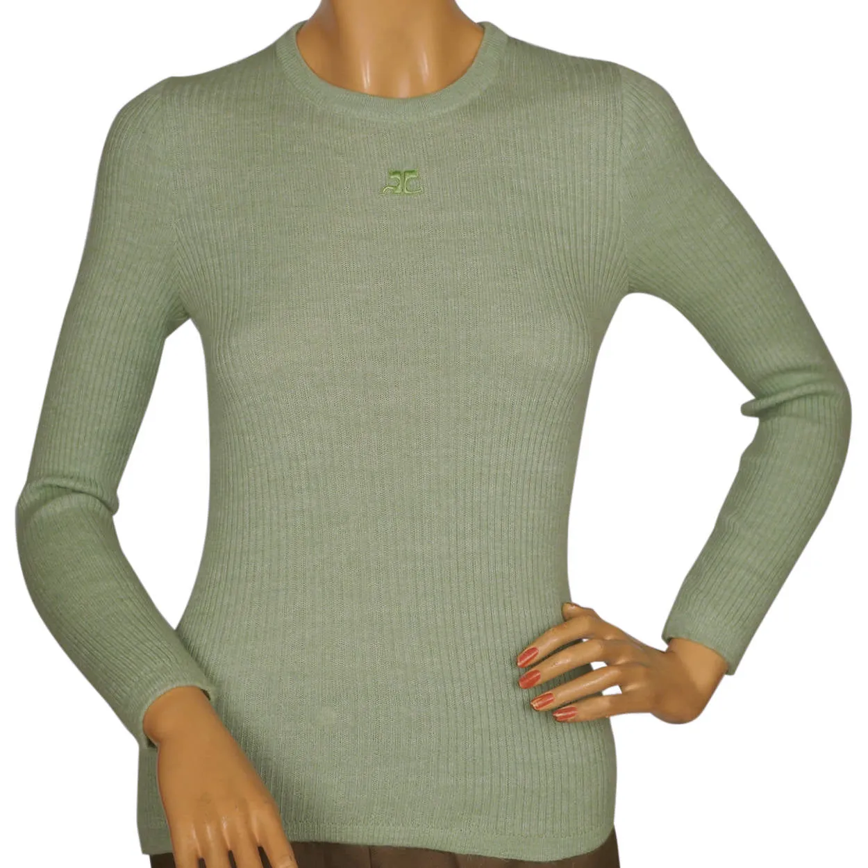 Vintage 1970s Courreges Paris Sweater Top Green Ribbed Knit with Logo Size S