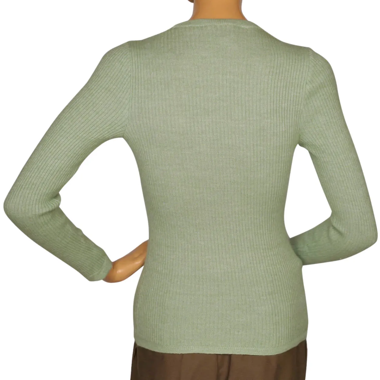 Vintage 1970s Courreges Paris Sweater Top Green Ribbed Knit with Logo Size S