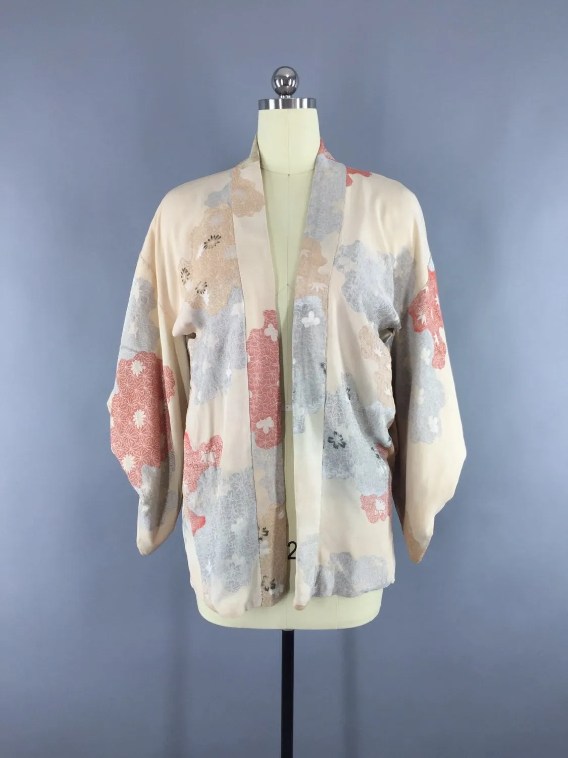 Vintage 1970s Silk Haori Kimono Cardigan / Ivory Terra Cotta Urushi