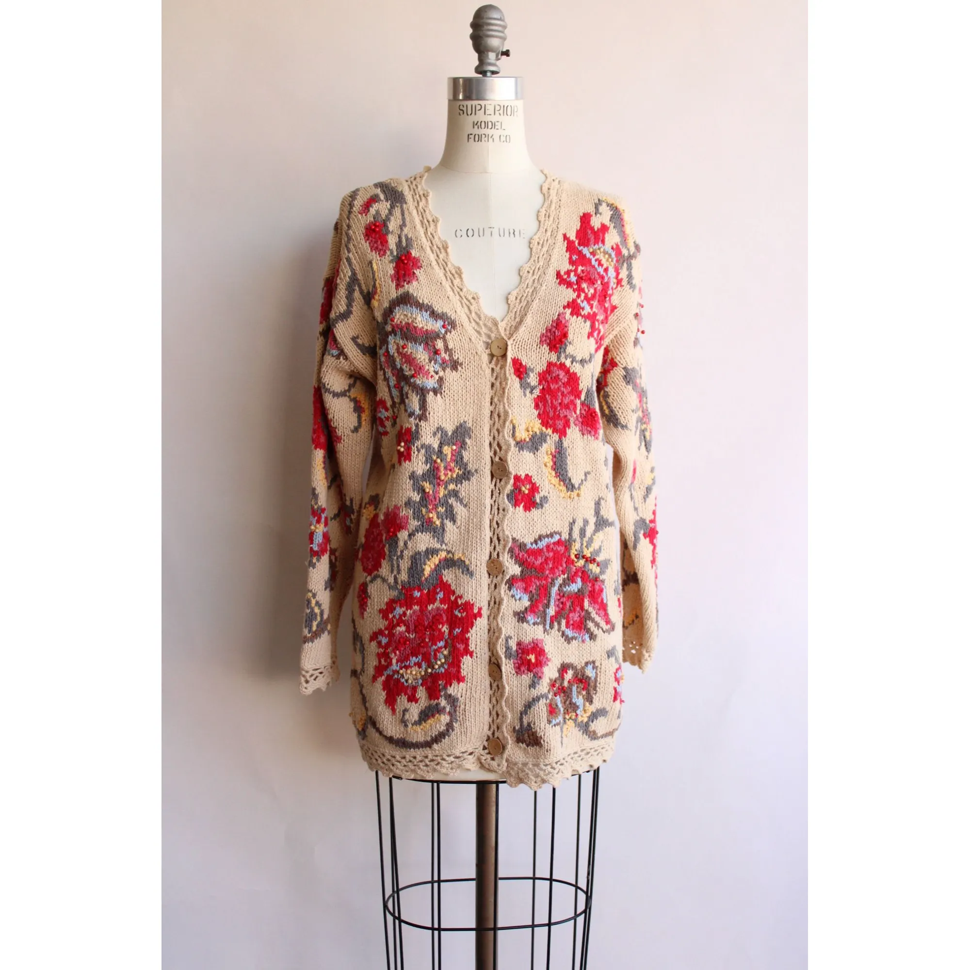 Vintage 1990s Cardigan Sweater by Susan Bristol Beige