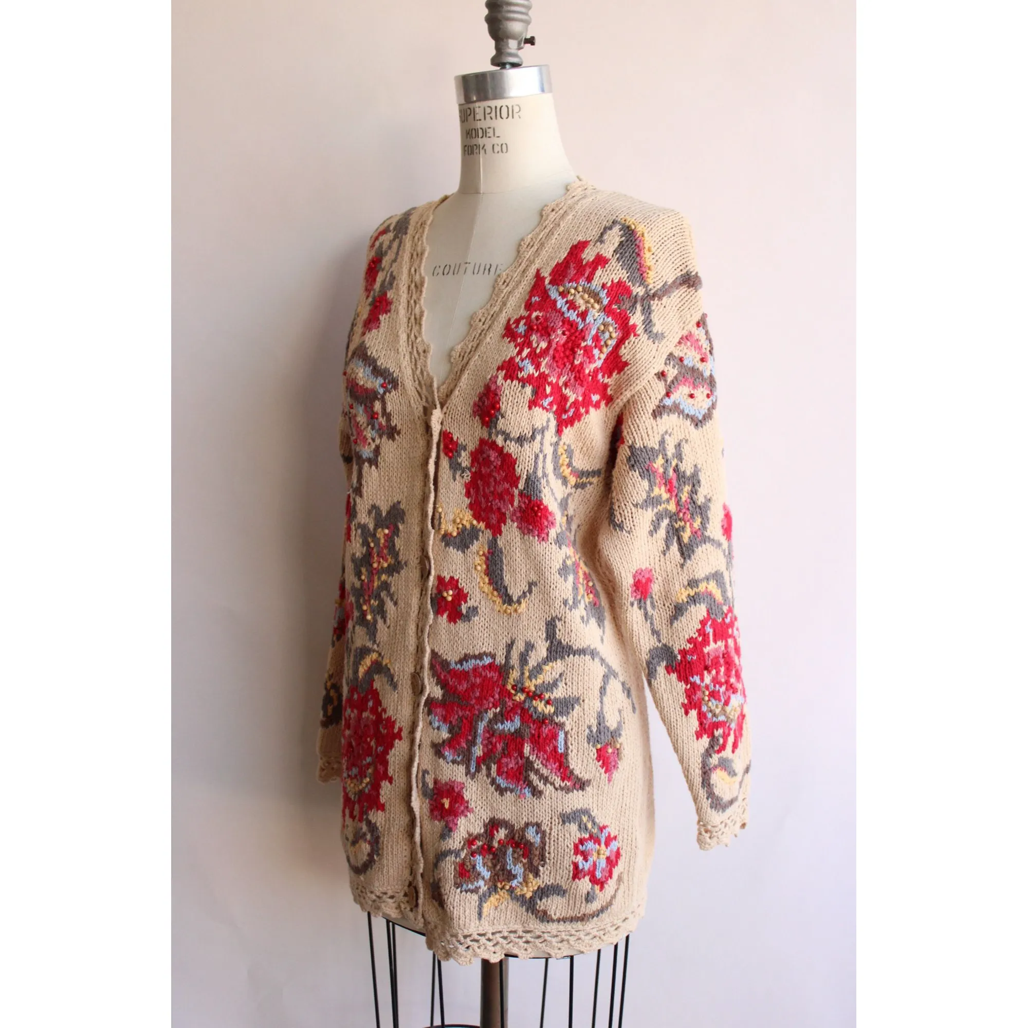 Vintage 1990s Cardigan Sweater by Susan Bristol Beige