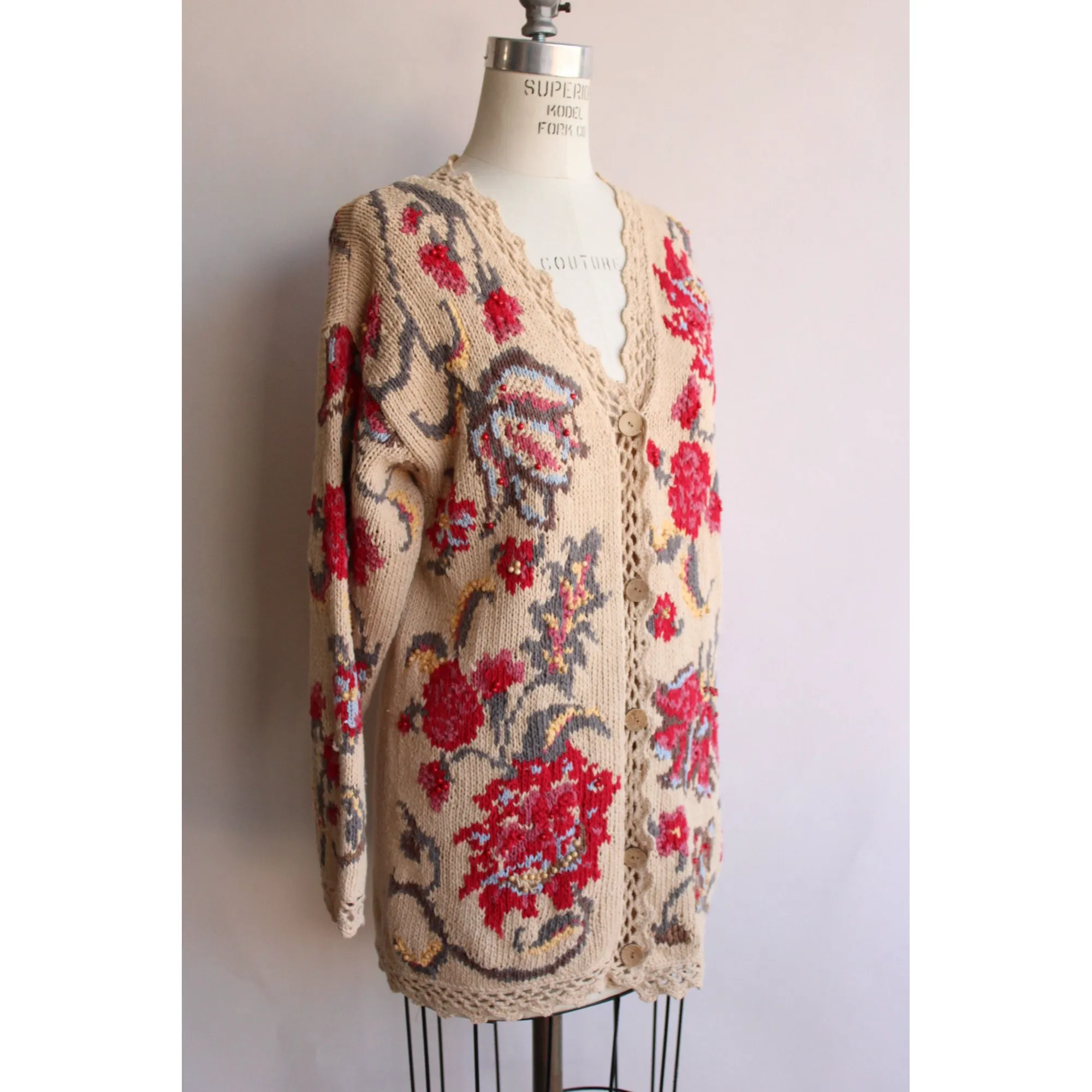 Vintage 1990s Cardigan Sweater by Susan Bristol Beige