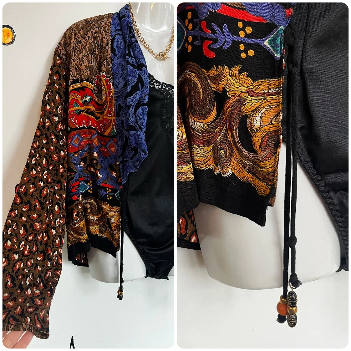 Vintage 80s 90s Carole Little Wearable Art Patchwork Leopard Print Kimono Jacket