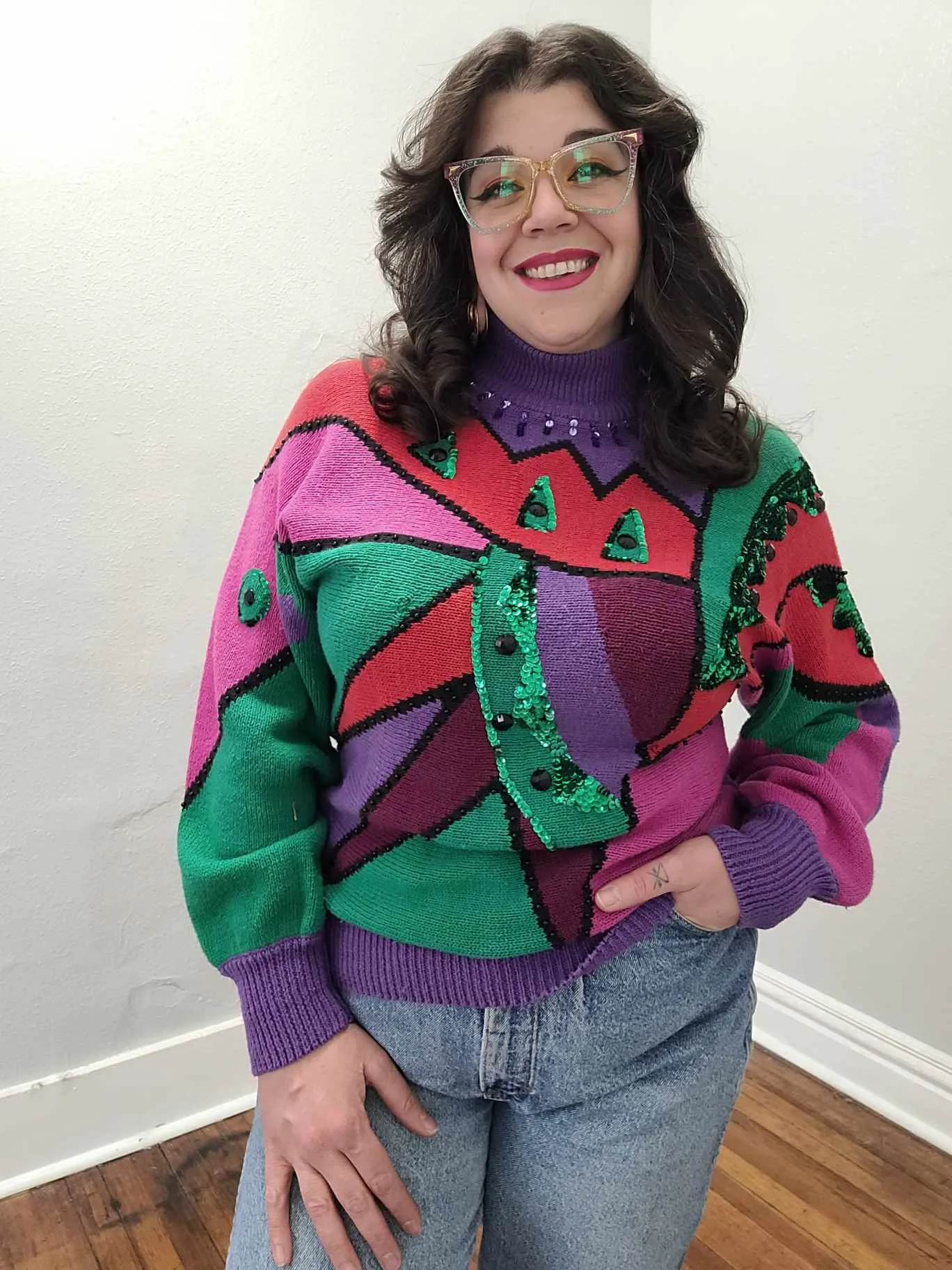 Vintage 80s Purple and Green Sequin Sweater