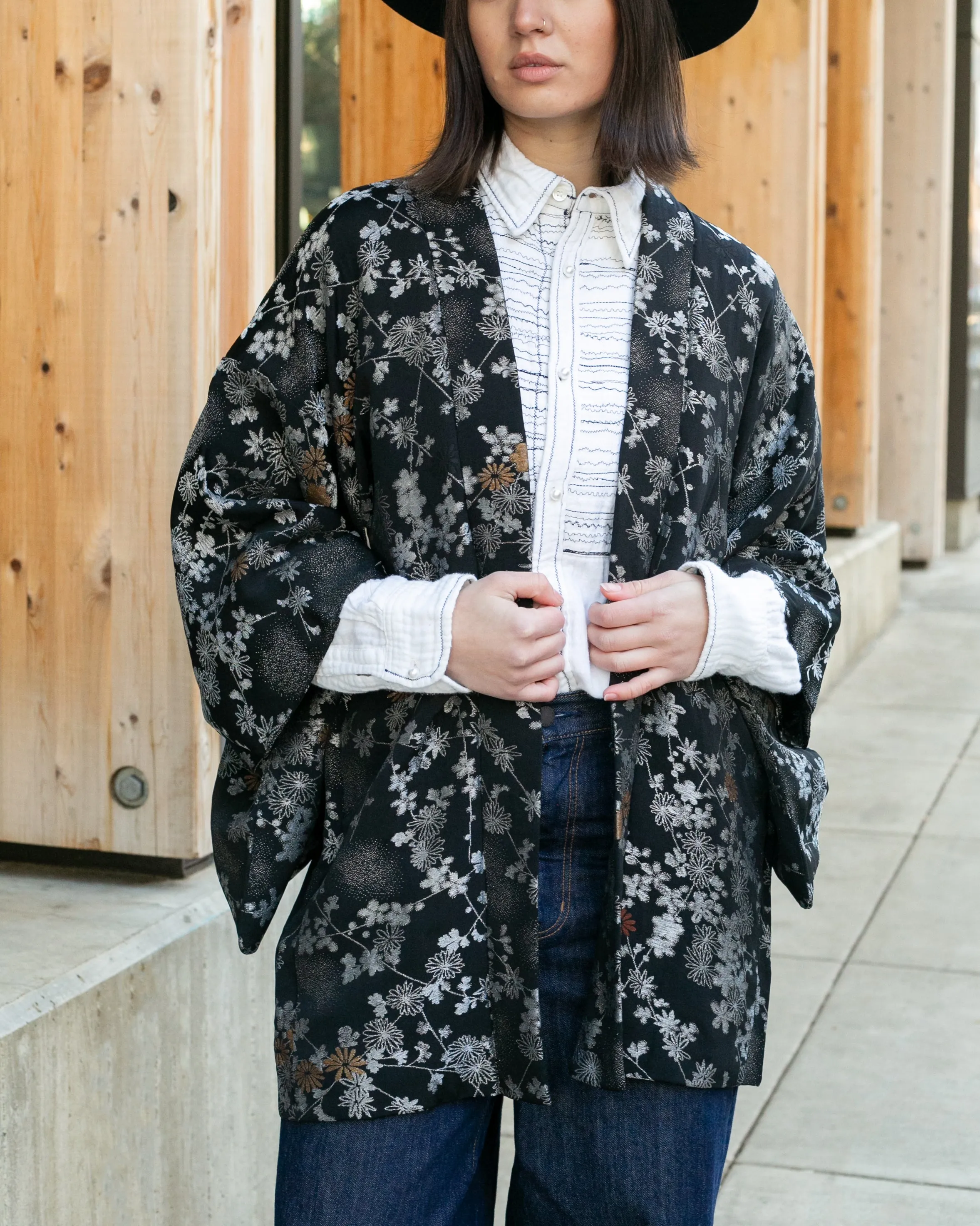 Vintage Haori Jacket, Black with Small Metallic Daisies