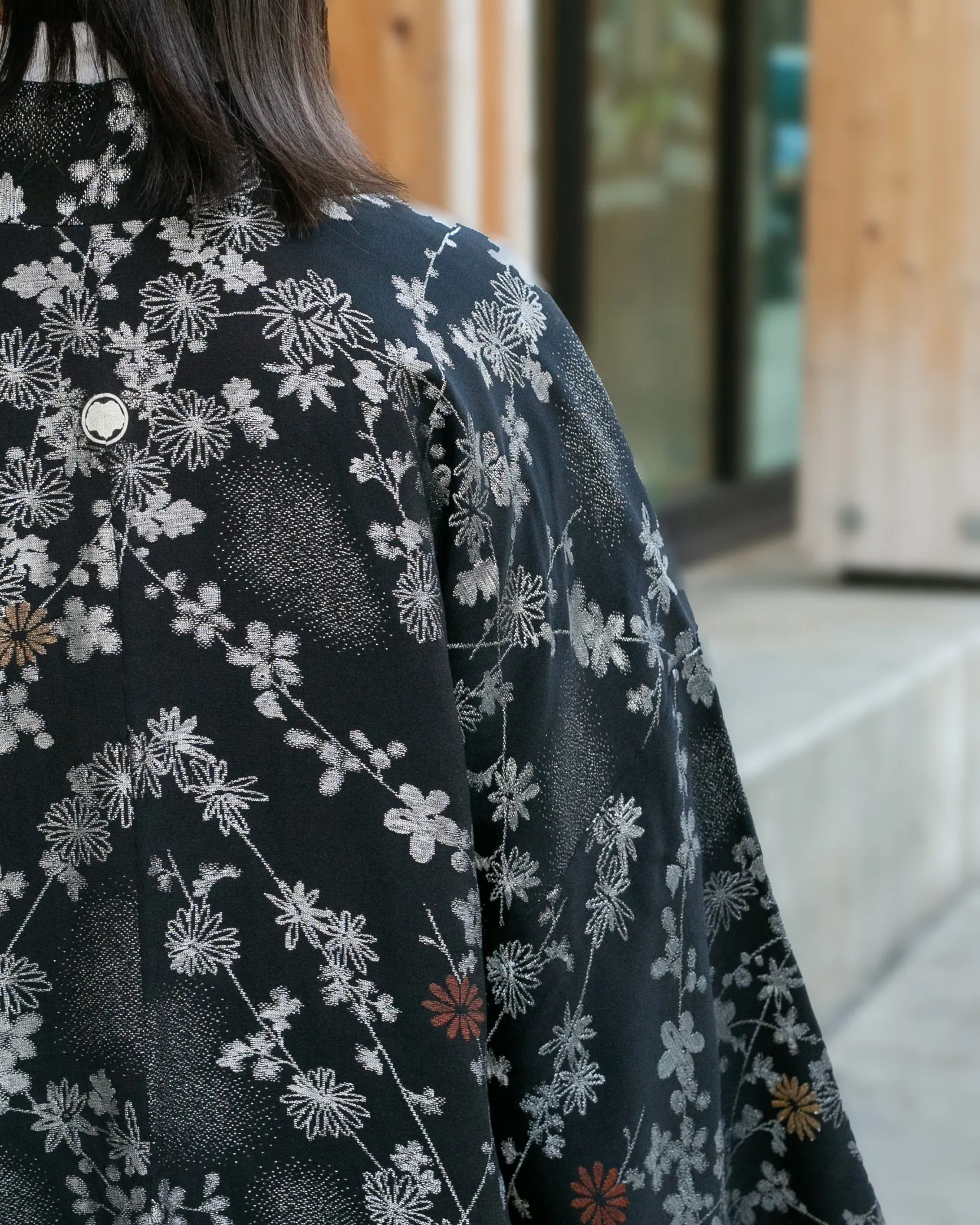 Vintage Haori Jacket, Black with Small Metallic Daisies