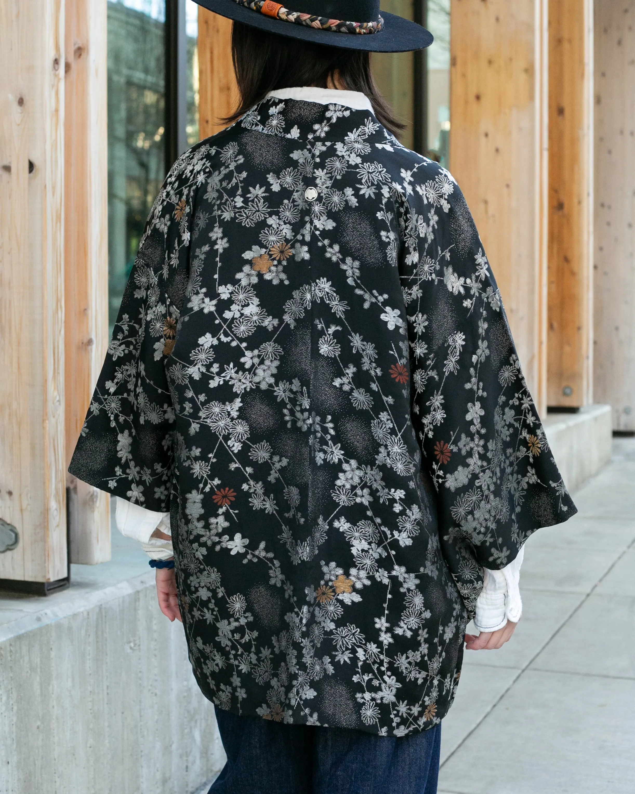 Vintage Haori Jacket, Black with Small Metallic Daisies