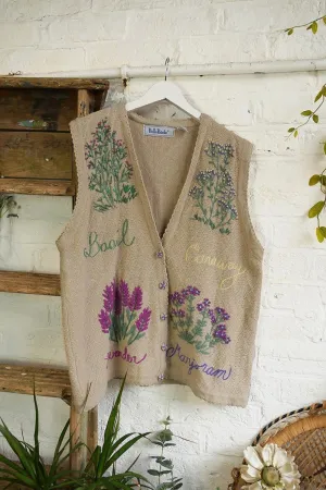 Vintage Knit Waistcoat - Fawn Herb Garden Embroidery - Free Size XL