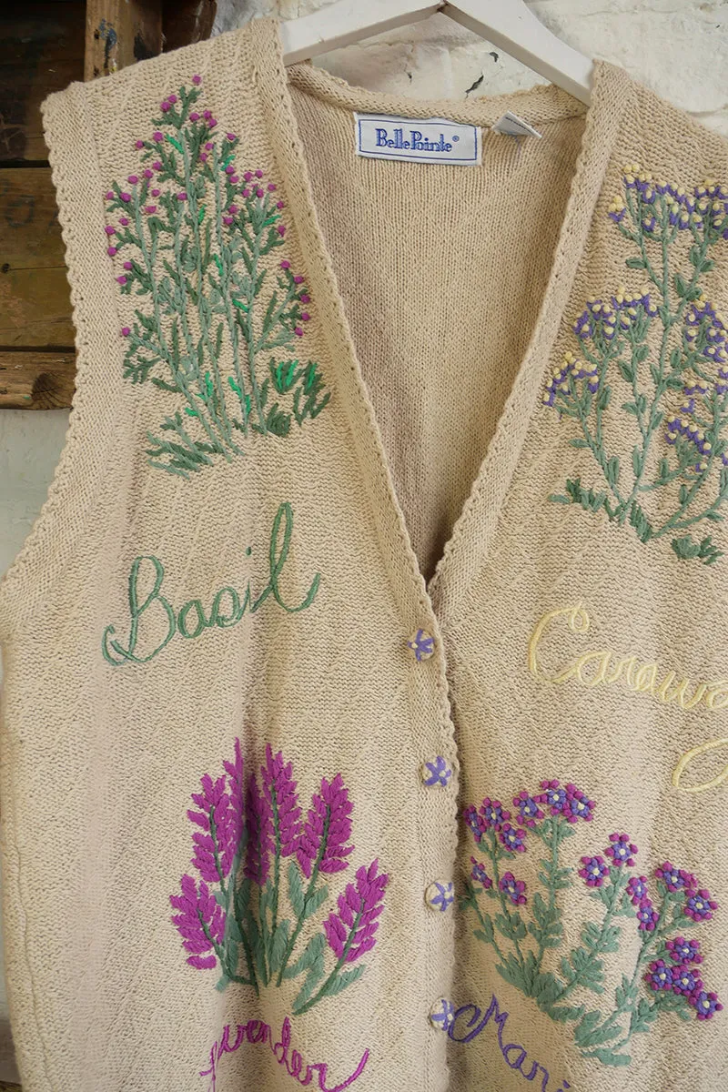 Vintage Knit Waistcoat - Fawn Herb Garden Embroidery - Free Size XL