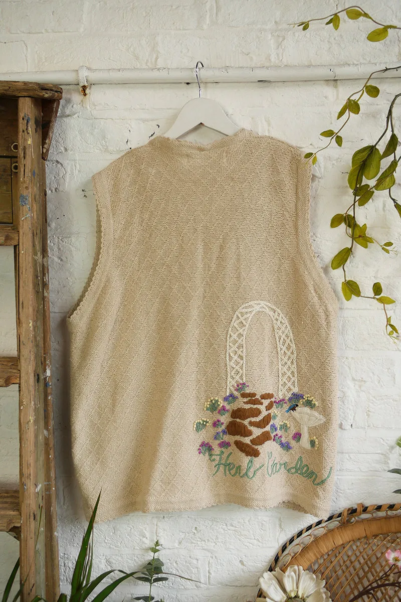 Vintage Knit Waistcoat - Fawn Herb Garden Embroidery - Free Size XL