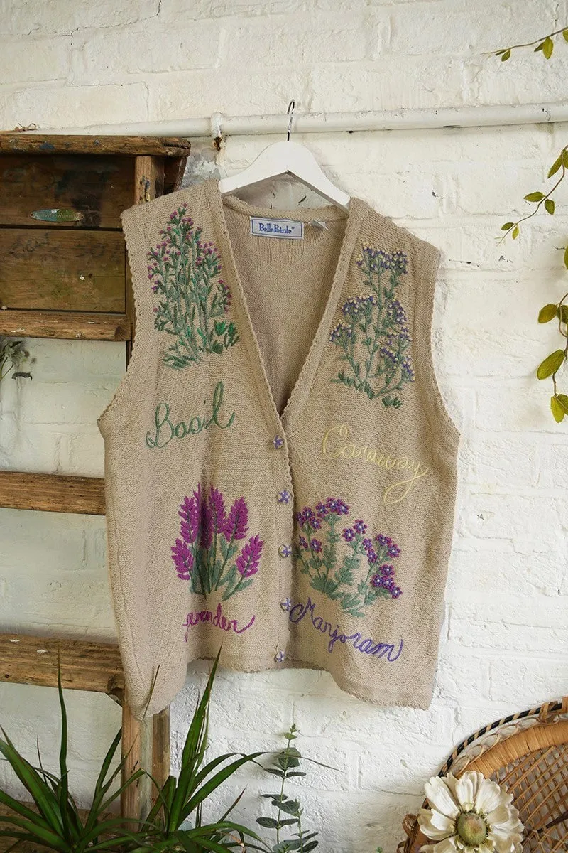 Vintage Knit Waistcoat - Fawn Herb Garden Embroidery - Free Size XL