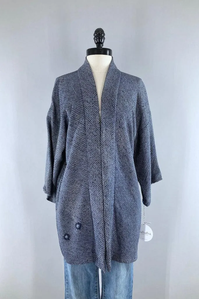 Vintage Navy Blue Shibori Silk Kimono Cardigan