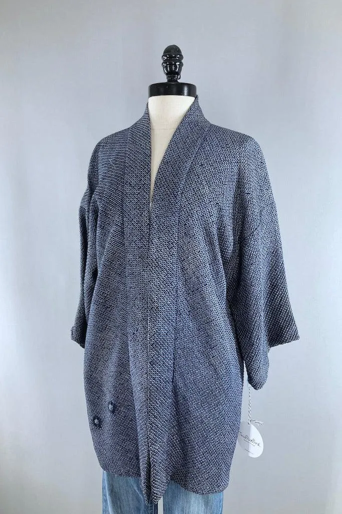 Vintage Navy Blue Shibori Silk Kimono Cardigan