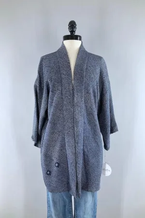 Vintage Navy Blue Shibori Silk Kimono Cardigan