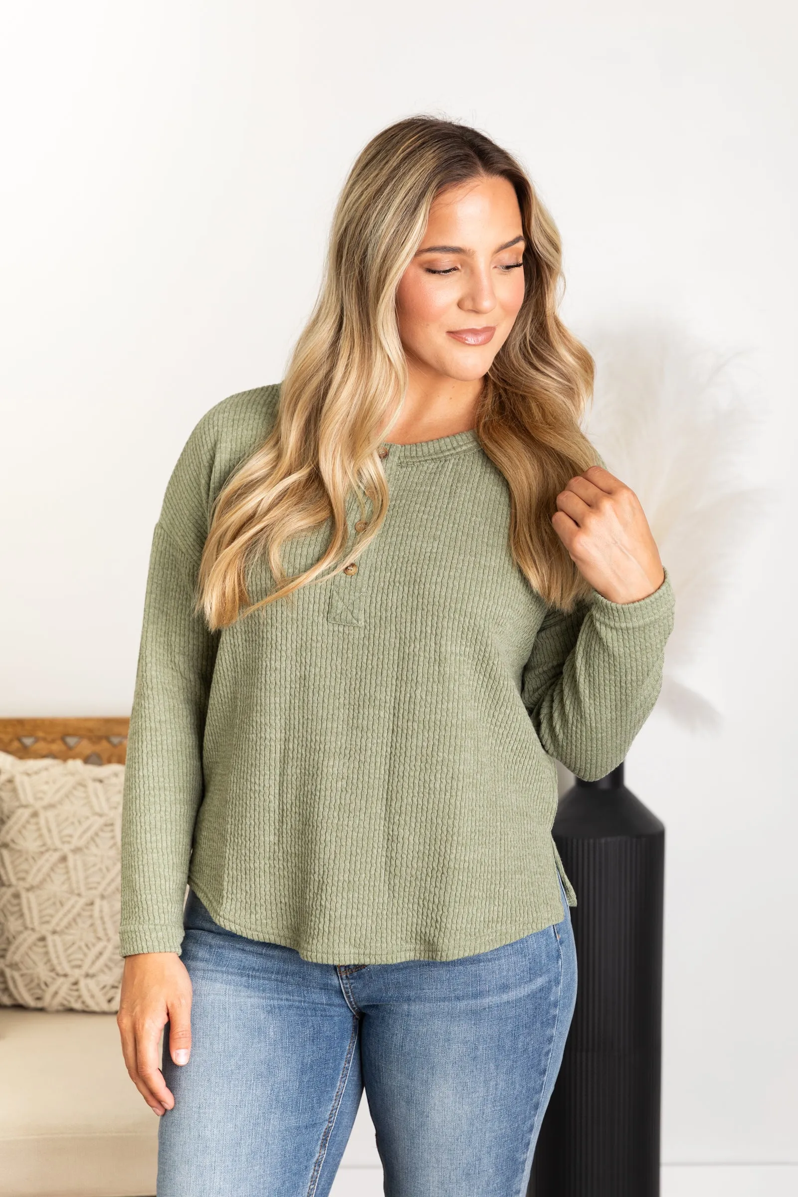 Waffle Knit Henley Long Sleeve Knit Top