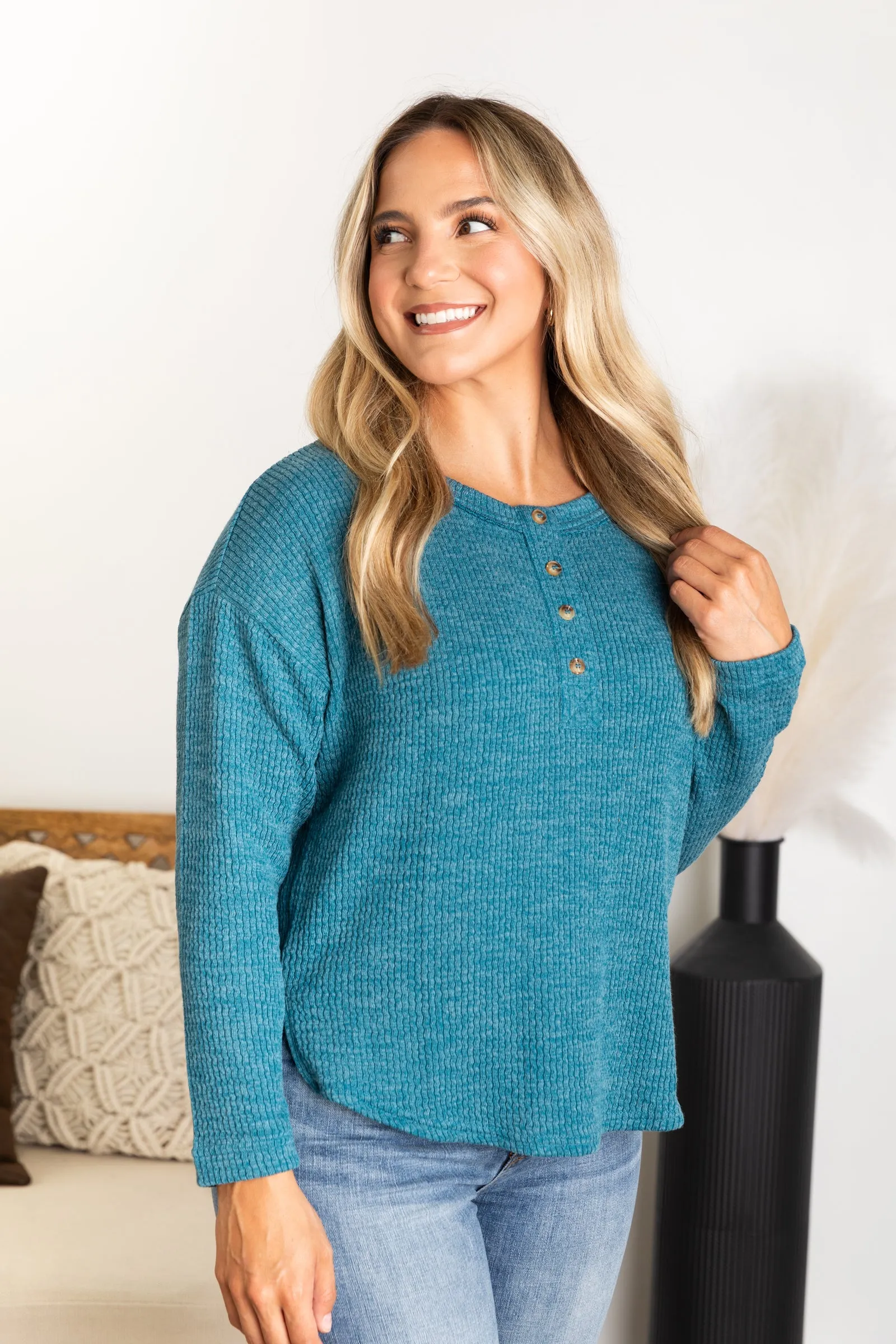 Waffle Knit Henley Long Sleeve Knit Top