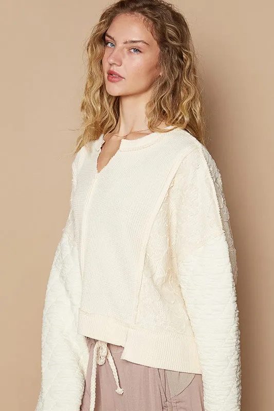 Waffle-Knit Notched Long Sleeve Knit Top