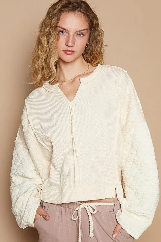 Waffle-Knit Notched Long Sleeve Knit Top