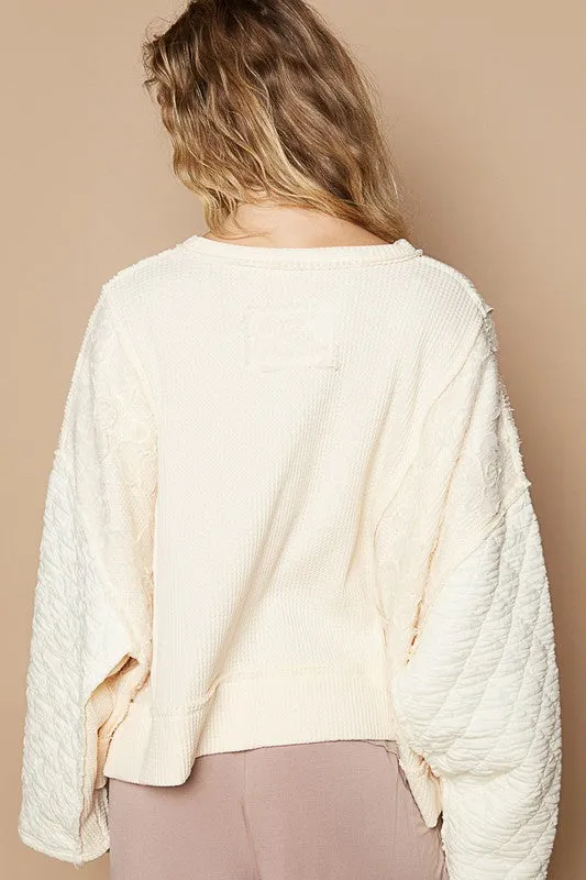 Waffle-Knit Notched Long Sleeve Knit Top