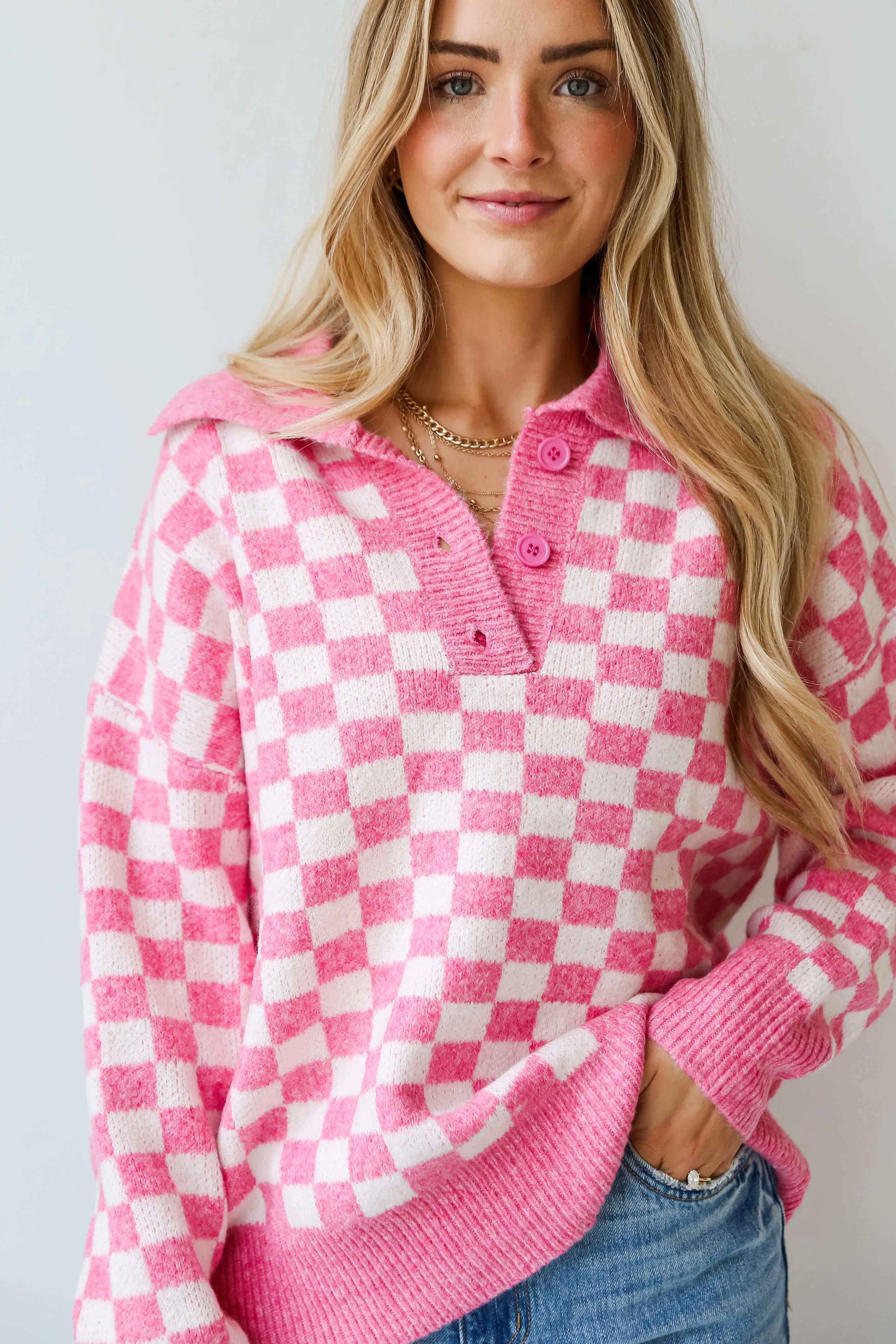 Warmly Adored Pink Checkered Collared Oversized Sweater