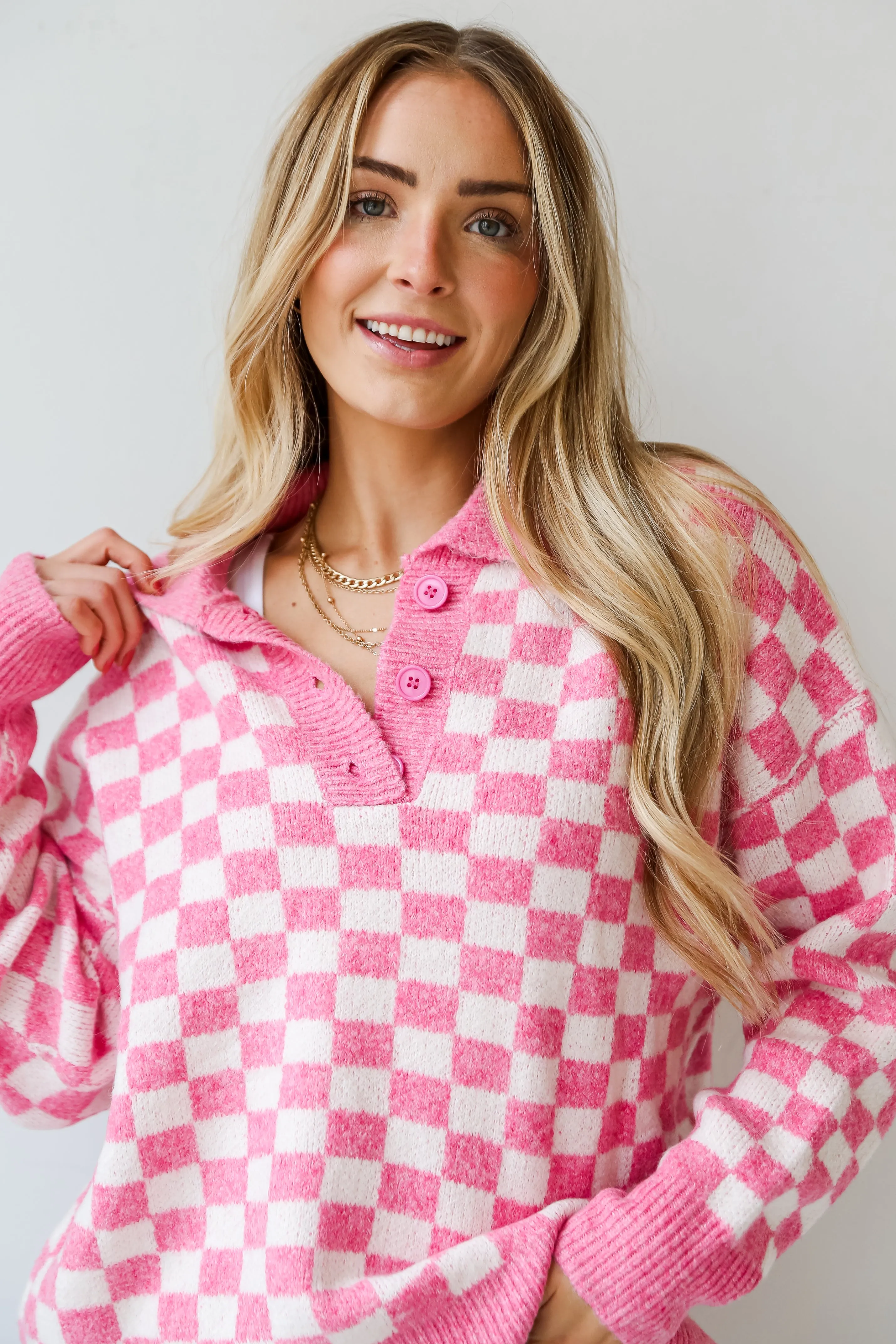 Warmly Adored Pink Checkered Collared Oversized Sweater