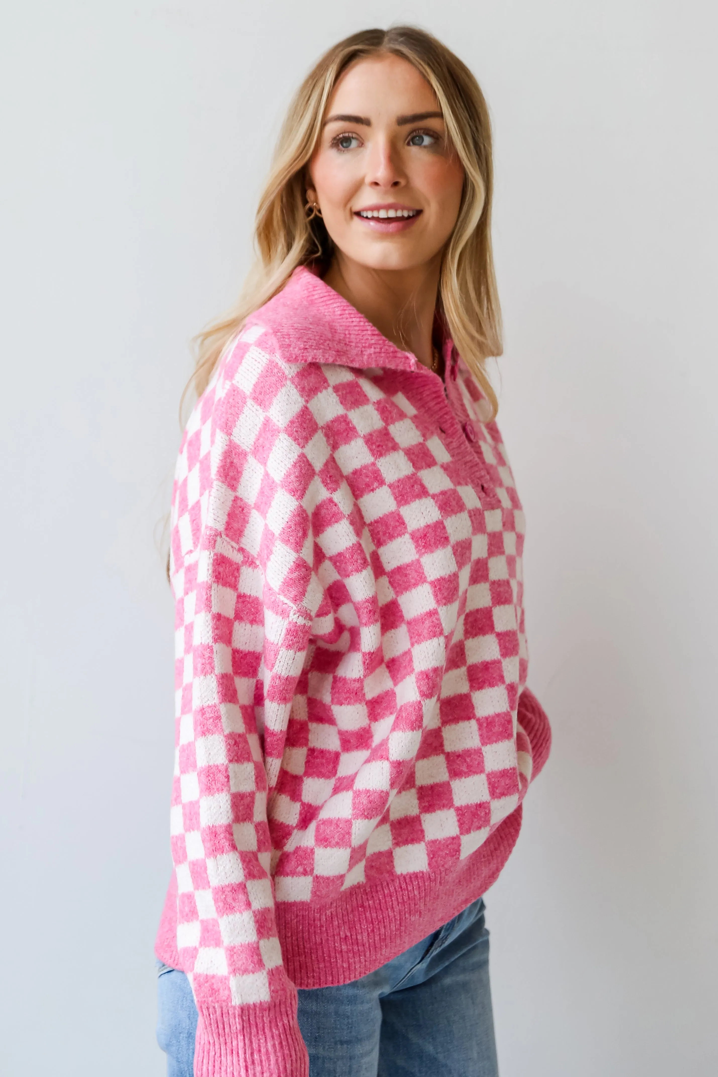 Warmly Adored Pink Checkered Collared Oversized Sweater