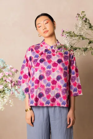 Water Colour Pink Rose Print 3/4 Sleeve Cheongsam Top