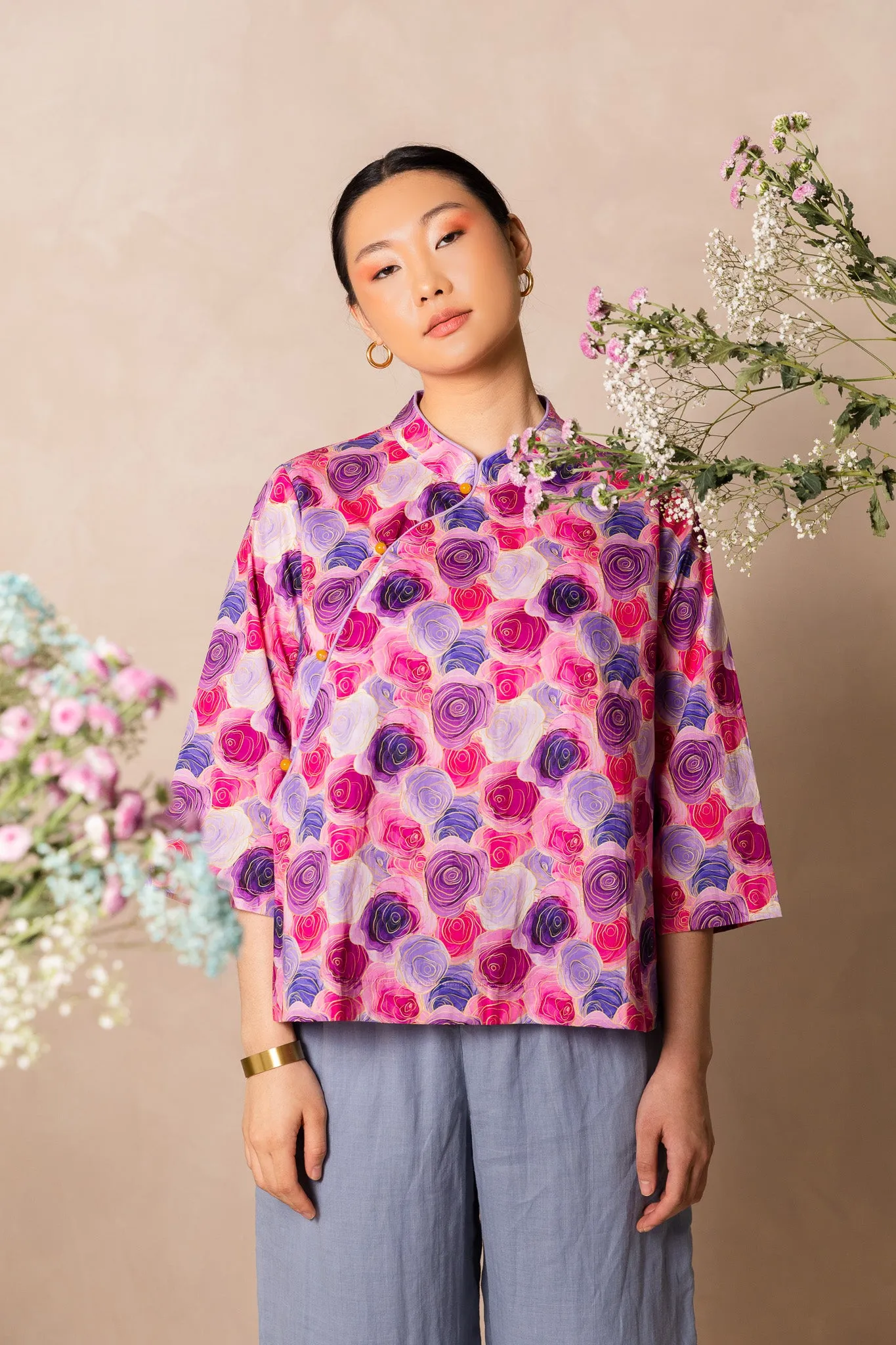 Water Colour Pink Rose Print 3/4 Sleeve Cheongsam Top