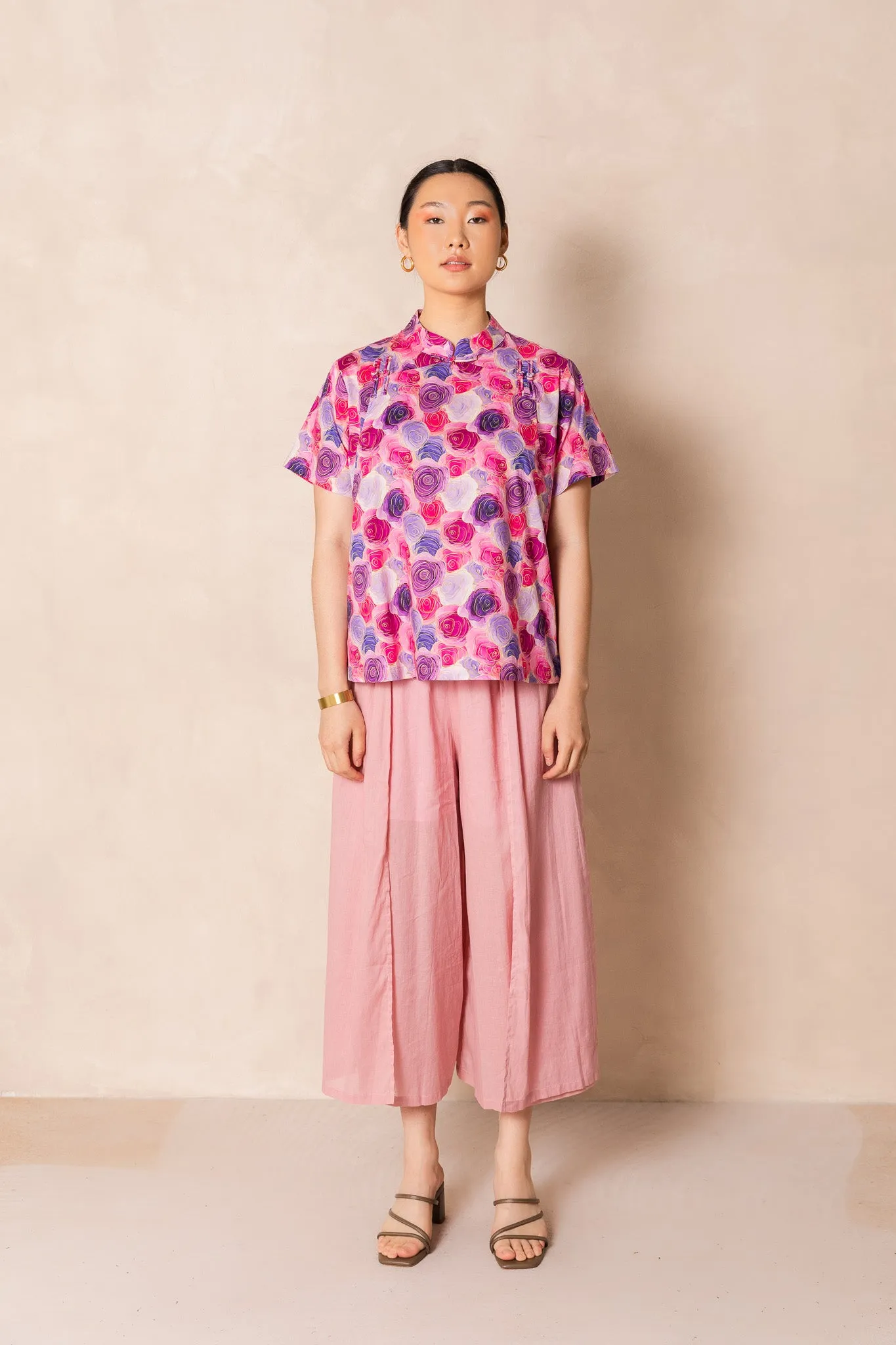 Water Colour Pink Rose Short Sleeve Cheongsam Top