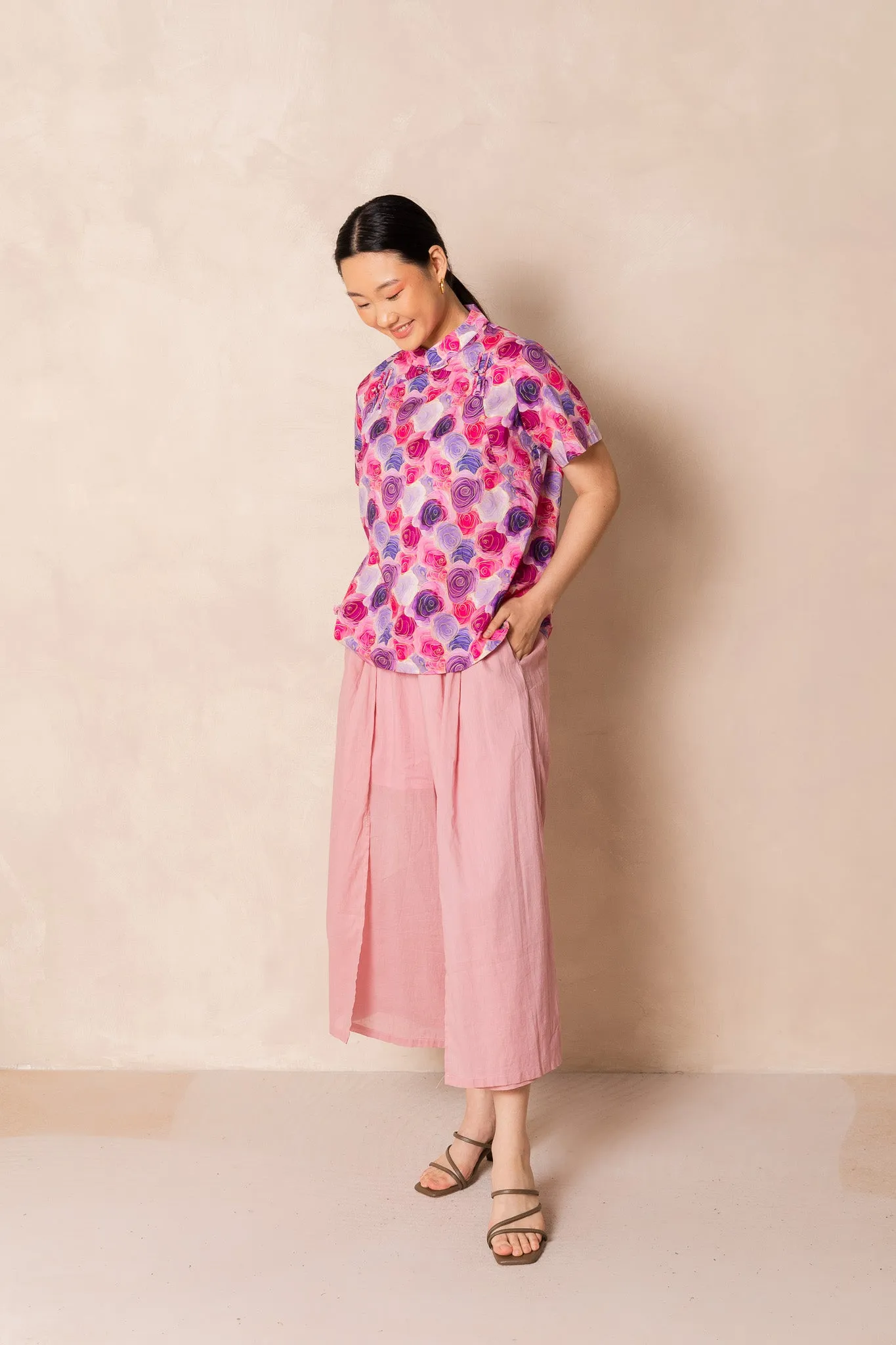 Water Colour Pink Rose Short Sleeve Cheongsam Top