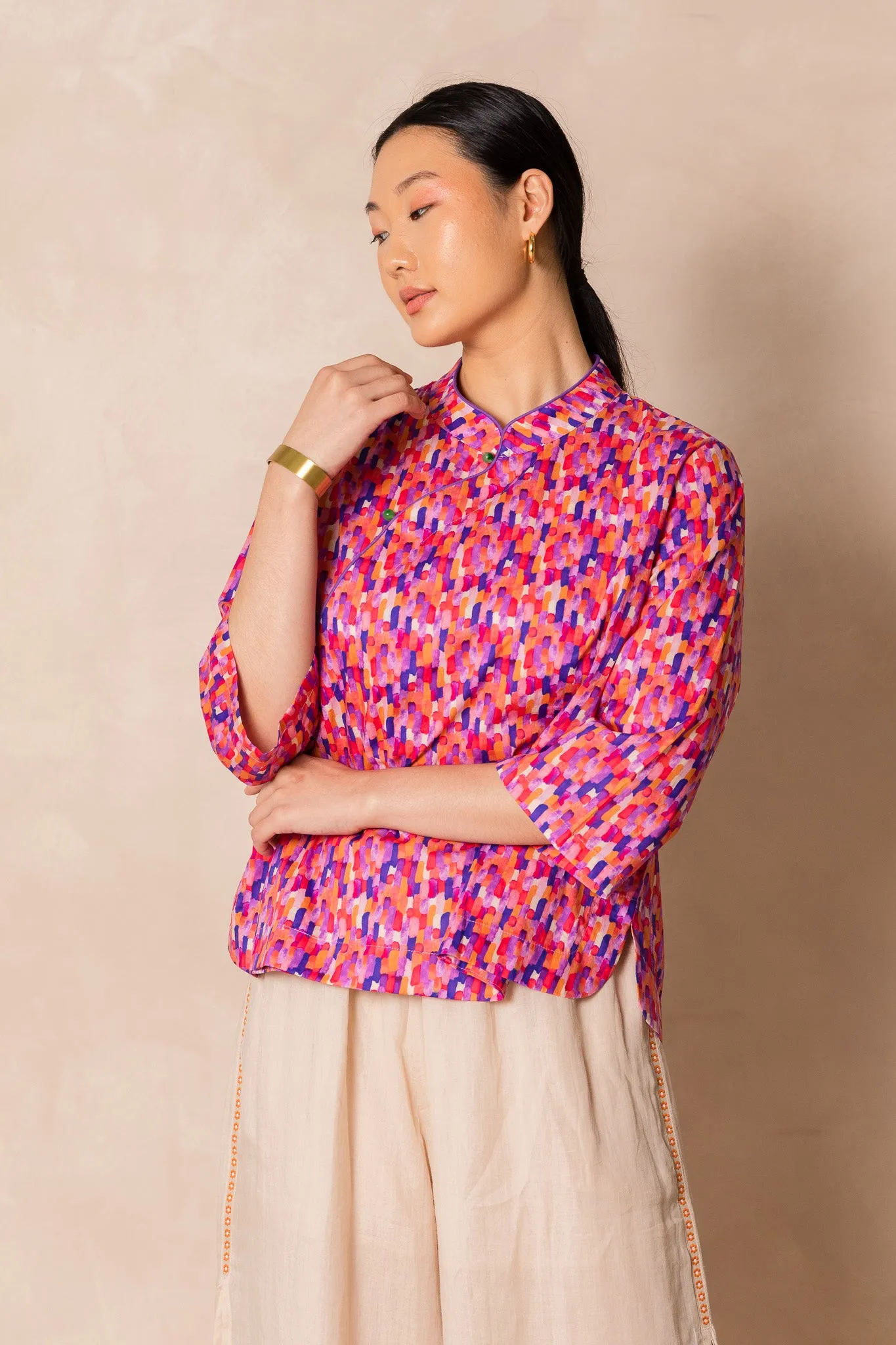 Water Colour Raindrop Print 3/4 Sleeve Cheongsam Top