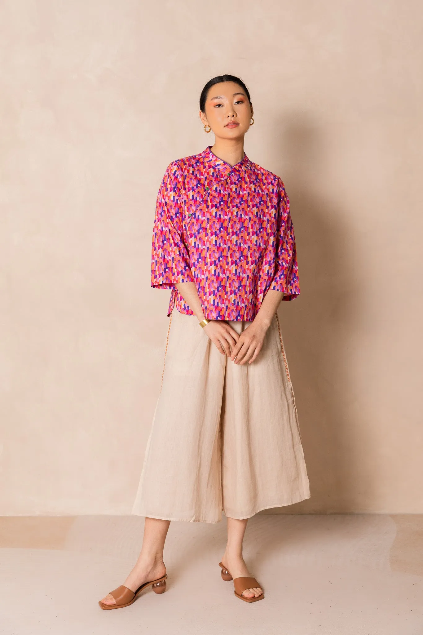 Water Colour Raindrop Print 3/4 Sleeve Cheongsam Top