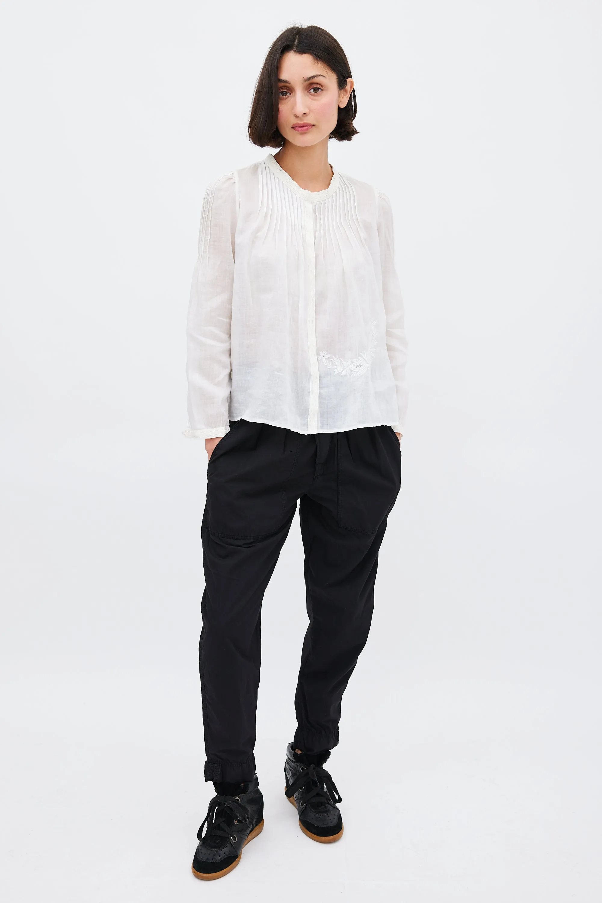 White Ramie Pleated & Embroidered Top